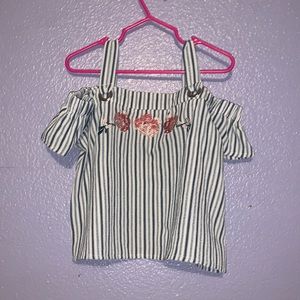 Satin Flowers white blue striped open shoulder embroidered floral crop top